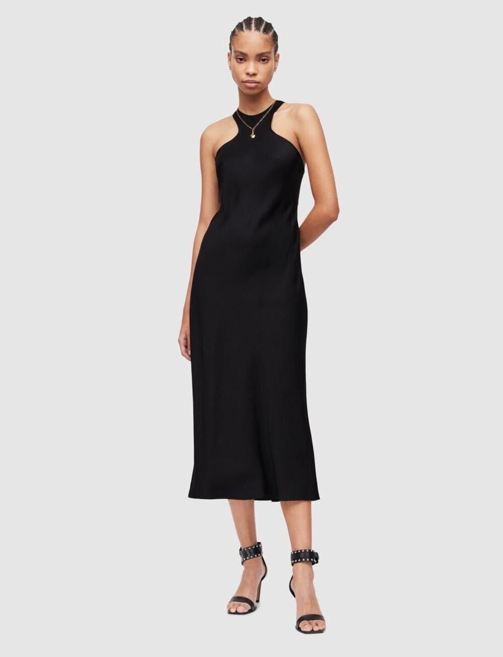 AllSaints Black Betina Satin Midi Slip Dress NWT Size 8 (UK 12)